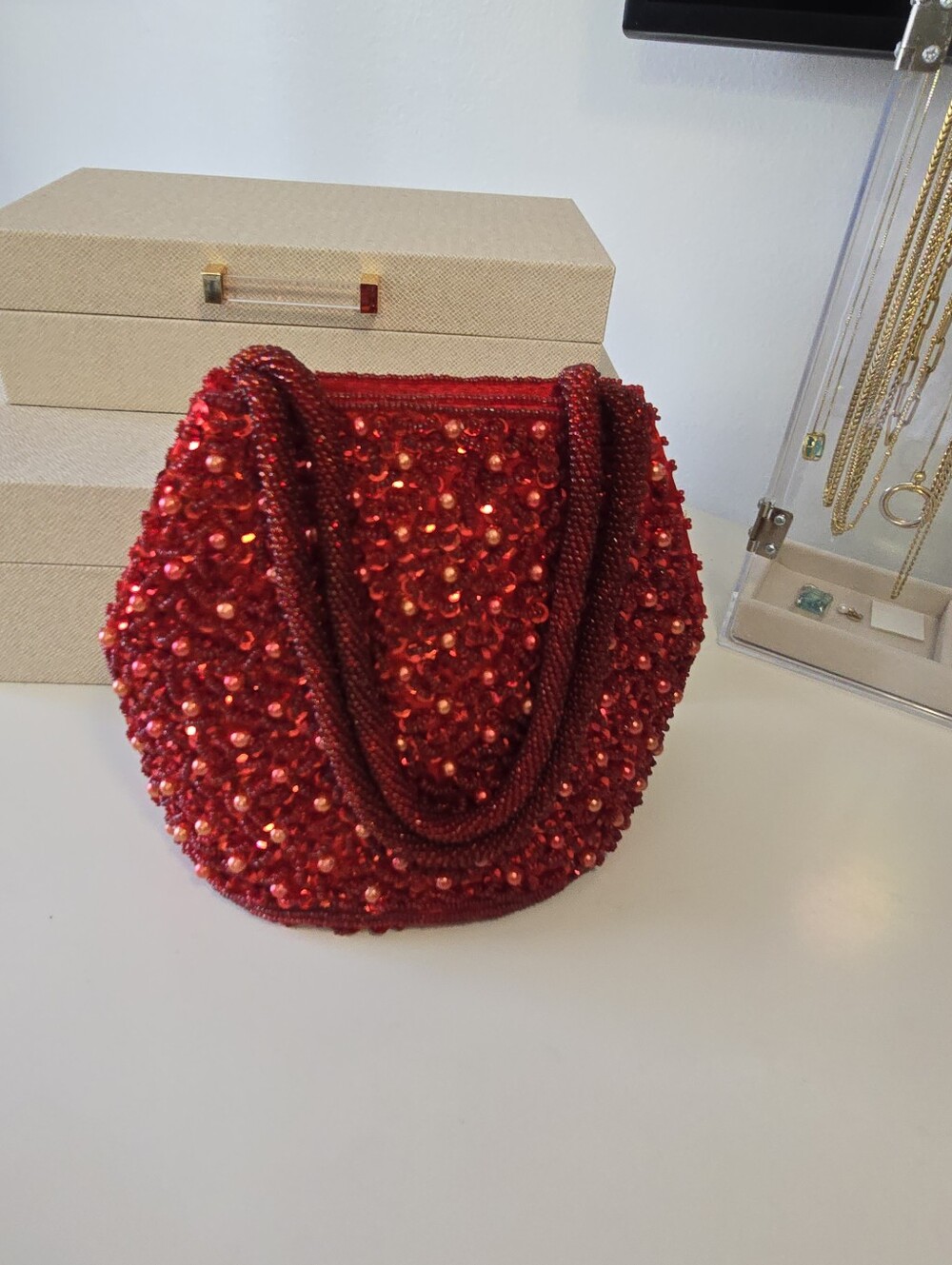 Red Beaded Evening Tote Bag